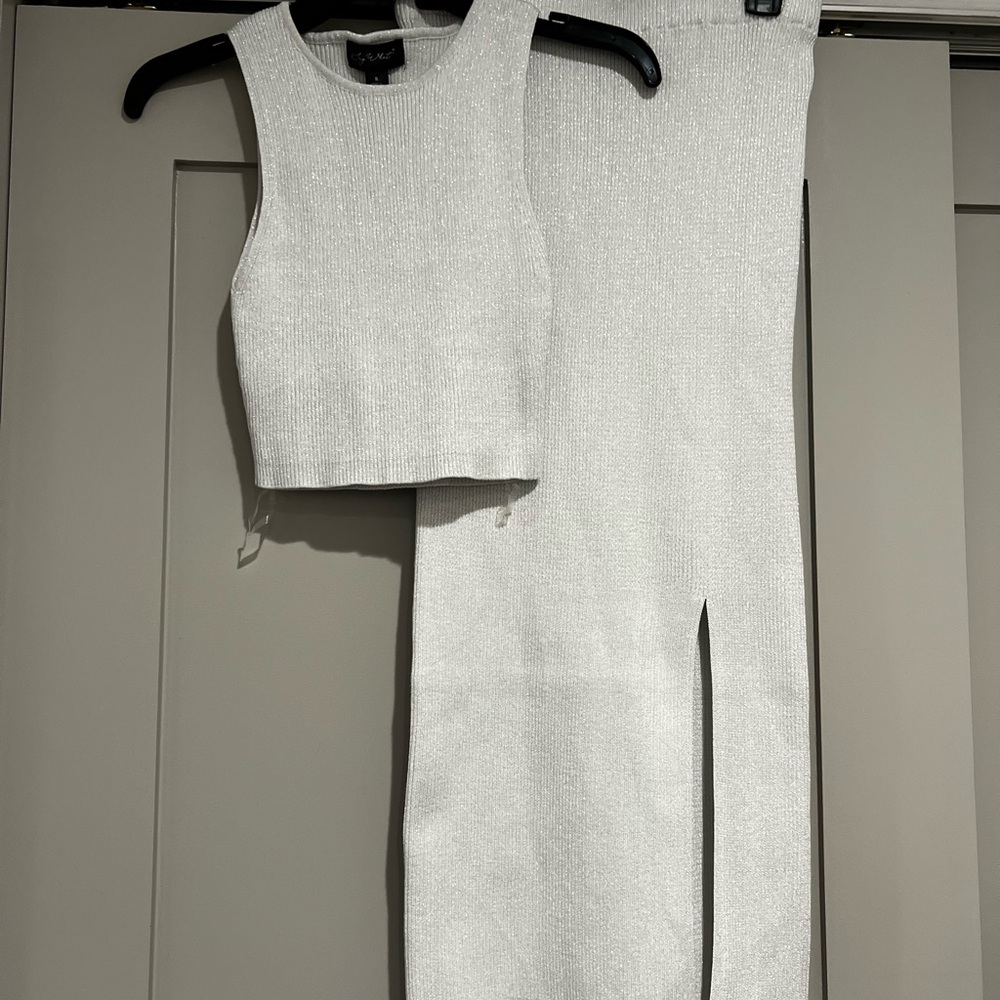 Silver Knit Crop Top and Skirt Set
